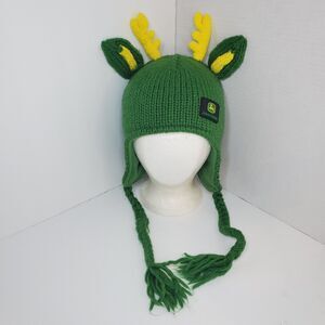 John Deere Winter Green Yellow Knitted Ear Warmers Tassels Antlers Rare Hat